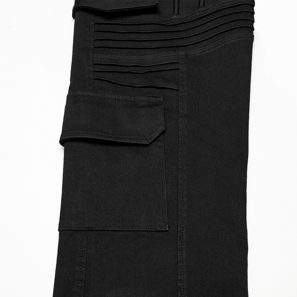 Male black slim fit punk pants featuring stylish cargo pockets for a trendy look.