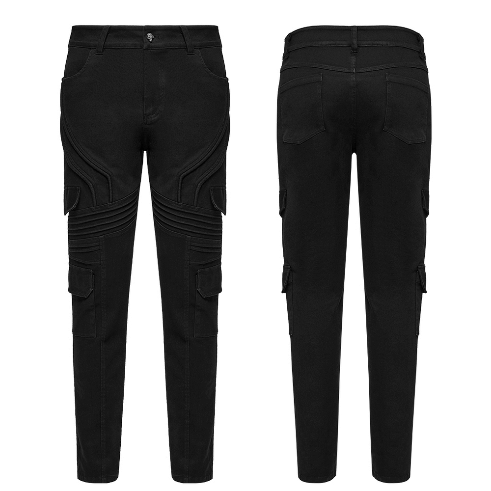 Male black slim fit punk pants featuring stylish cargo pockets and unique detailing on the front and back.