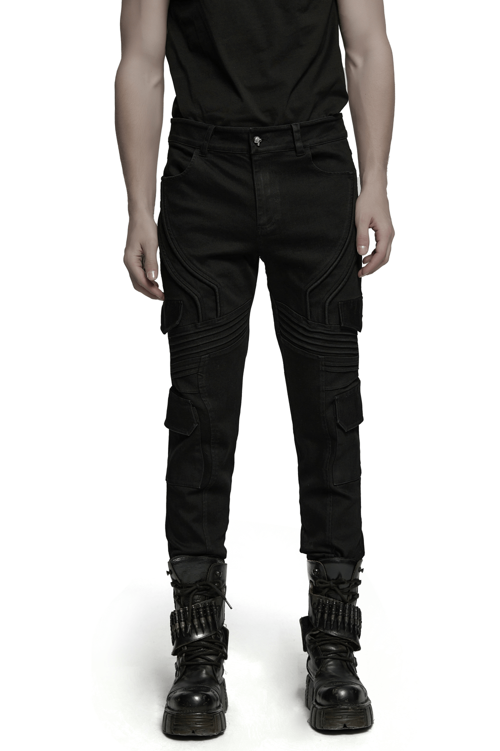Male black slim fit punk pants with cargo pockets, perfect for adding edge to any outfit.