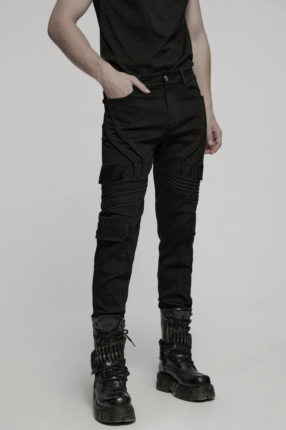 Male black slim fit punk pants with cargo pockets, stylish and edgy, perfect for urban fashion vibes.