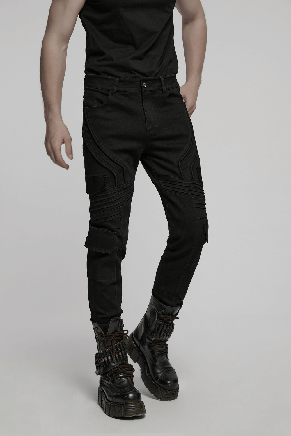 Male black slim fit punk pants with cargo pockets, stylishly paired with edgy combat boots.