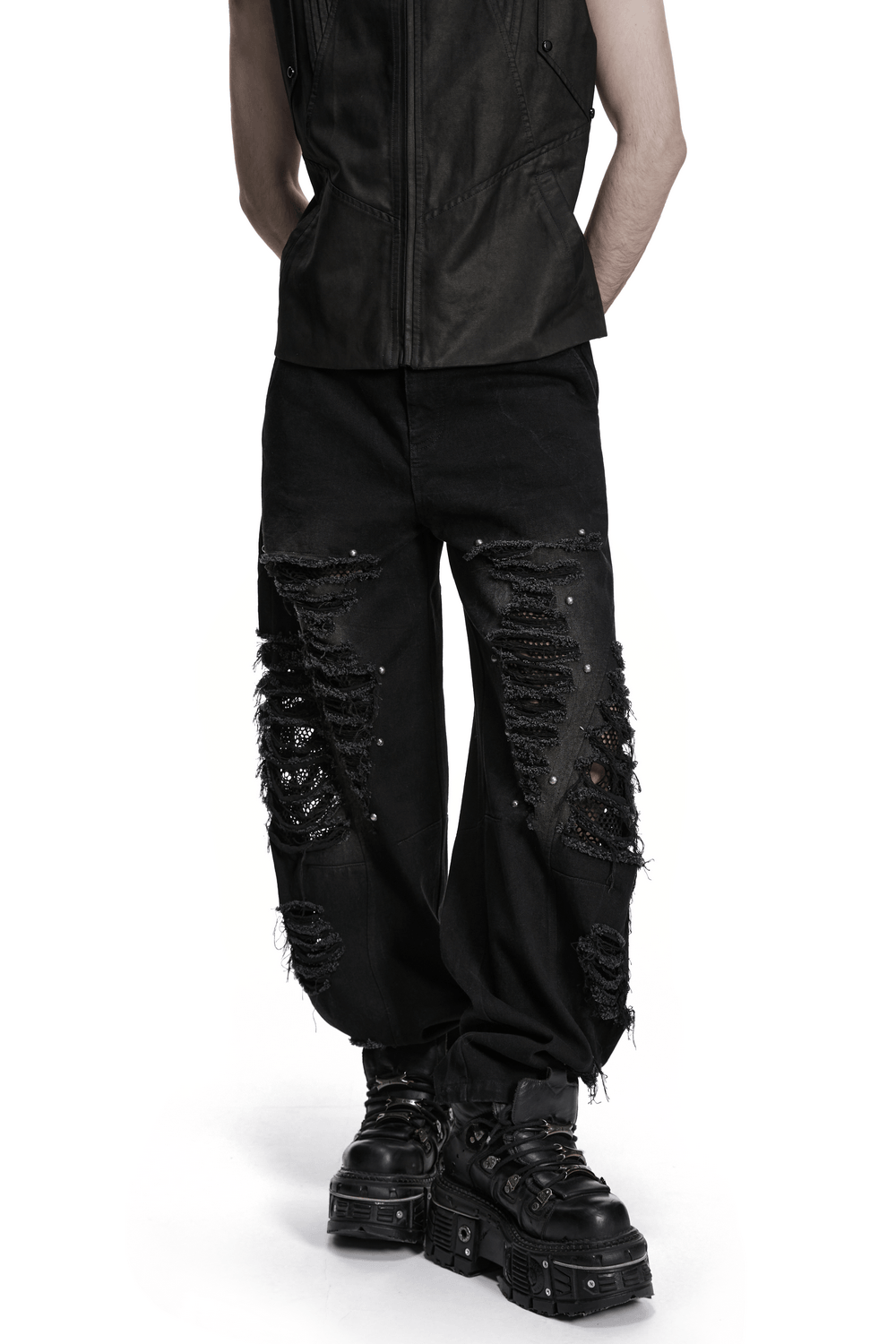Male Bold Punk Distressed Denim Pants with Studded Rips showcasing tattered mesh and edgy style.