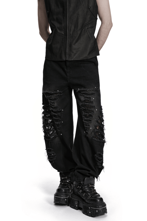 Male Bold Punk Distressed Denim Pants with Studded Rips