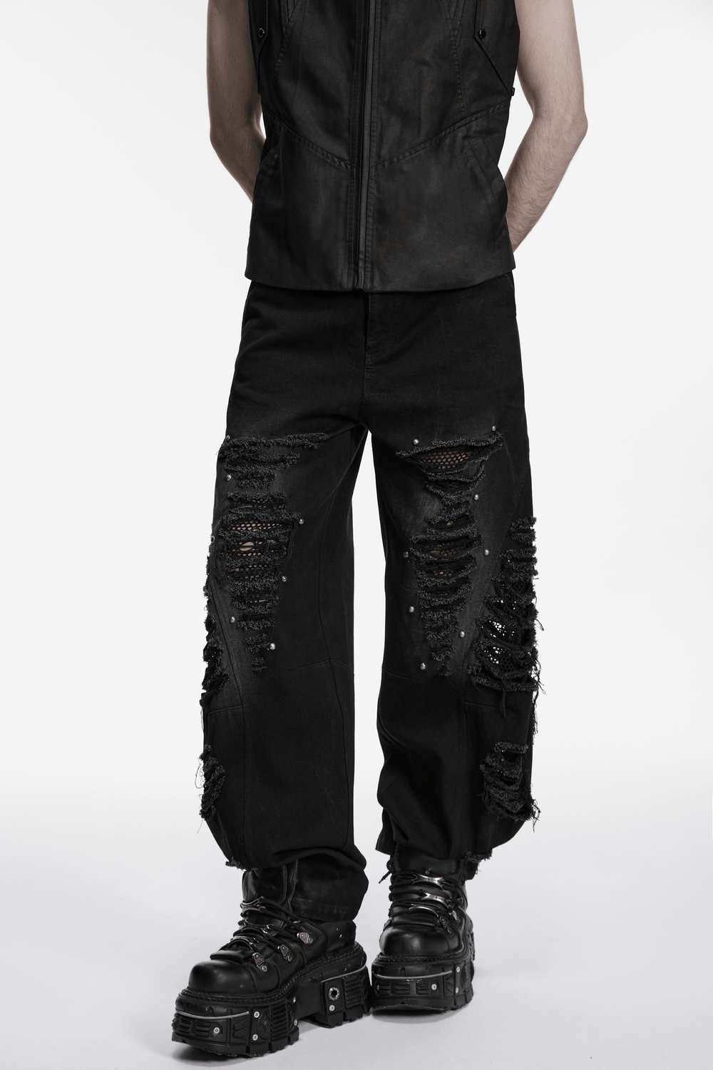 Male Bold Punk Distressed Denim Pants with Studded Rips showcasing edgy mesh tears and bold style.