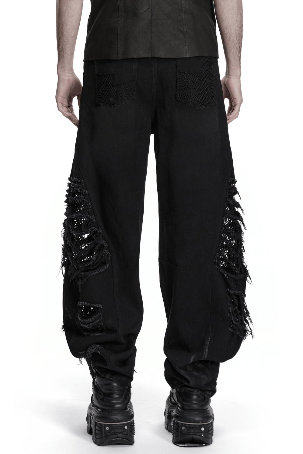Male Bold Punk Distressed Denim Pants with Studded Rips showcasing mesh tears and edgy design.