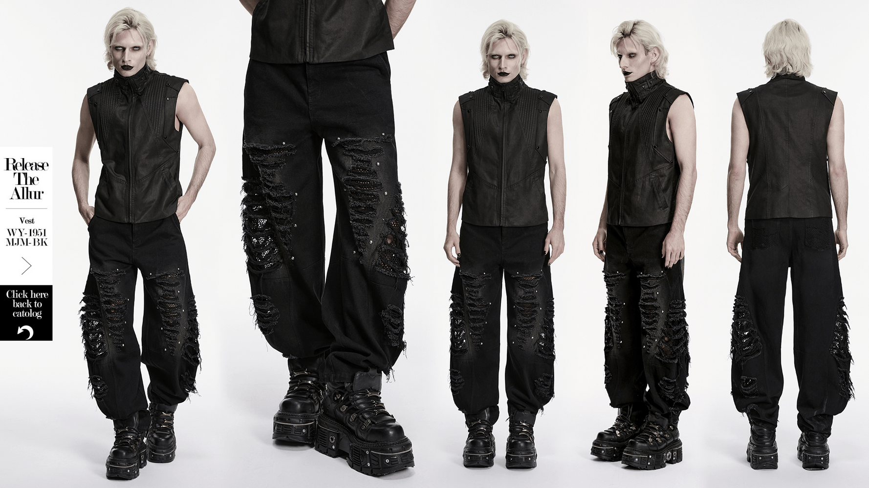 Male Bold Punk Distressed Denim Pants with Studded Rips showcased with a black sleeveless top and edgy accessories.
