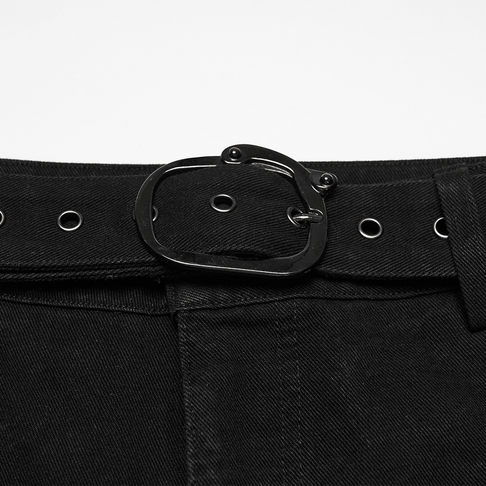 Male Bold Punk Distressed Denim Pants with Studded Rips featuring a close-up of the edgy black belt and buckle.