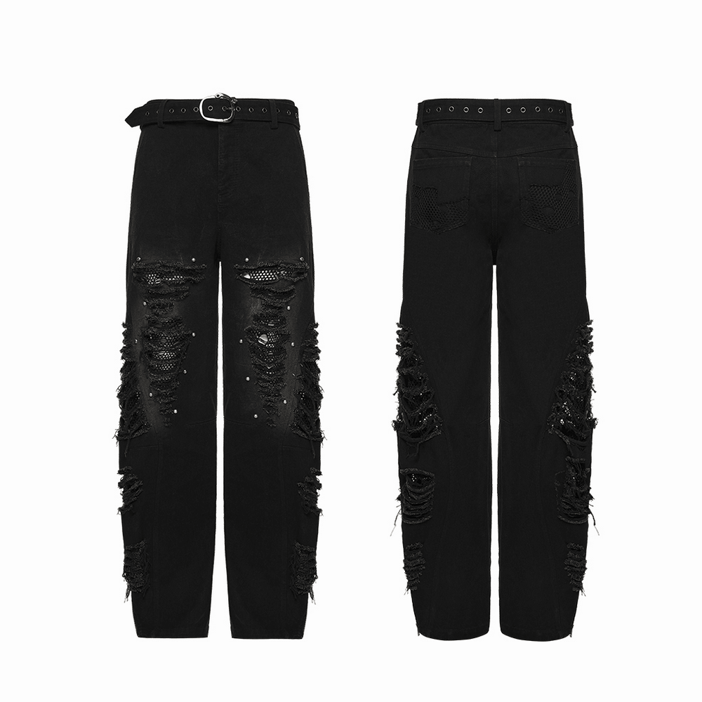 Male Bold Punk Distressed Denim Pants with Studded Rips showcasing stylish mesh tears and edgy rips.