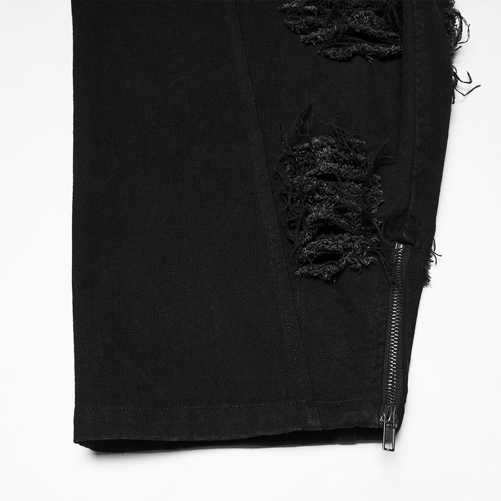 Male Bold Punk Distressed Denim Pants with Studded Rips showcasing black denim with tattered mesh and zippers.