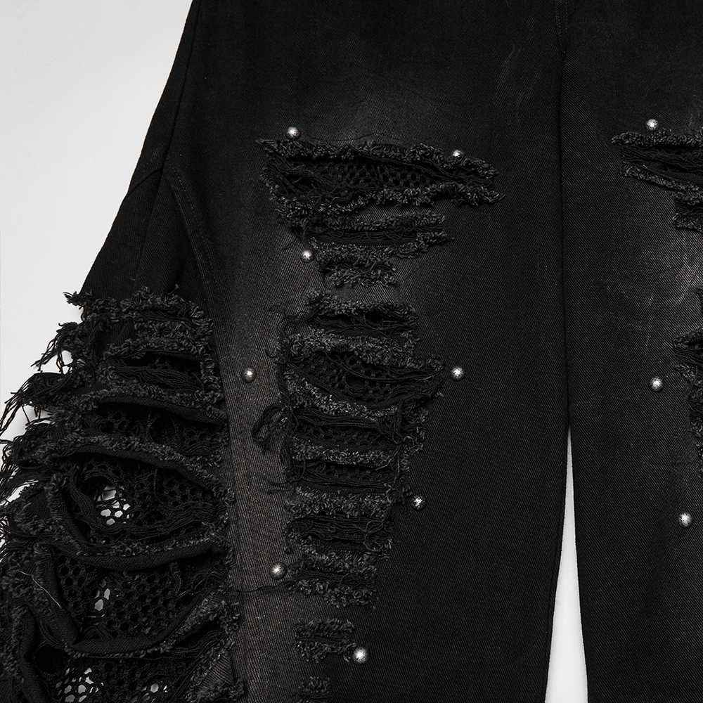 Male Bold Punk Distressed Denim Pants with Studded Rips showcasing tattered mesh and metal studs for a rebellious look.
