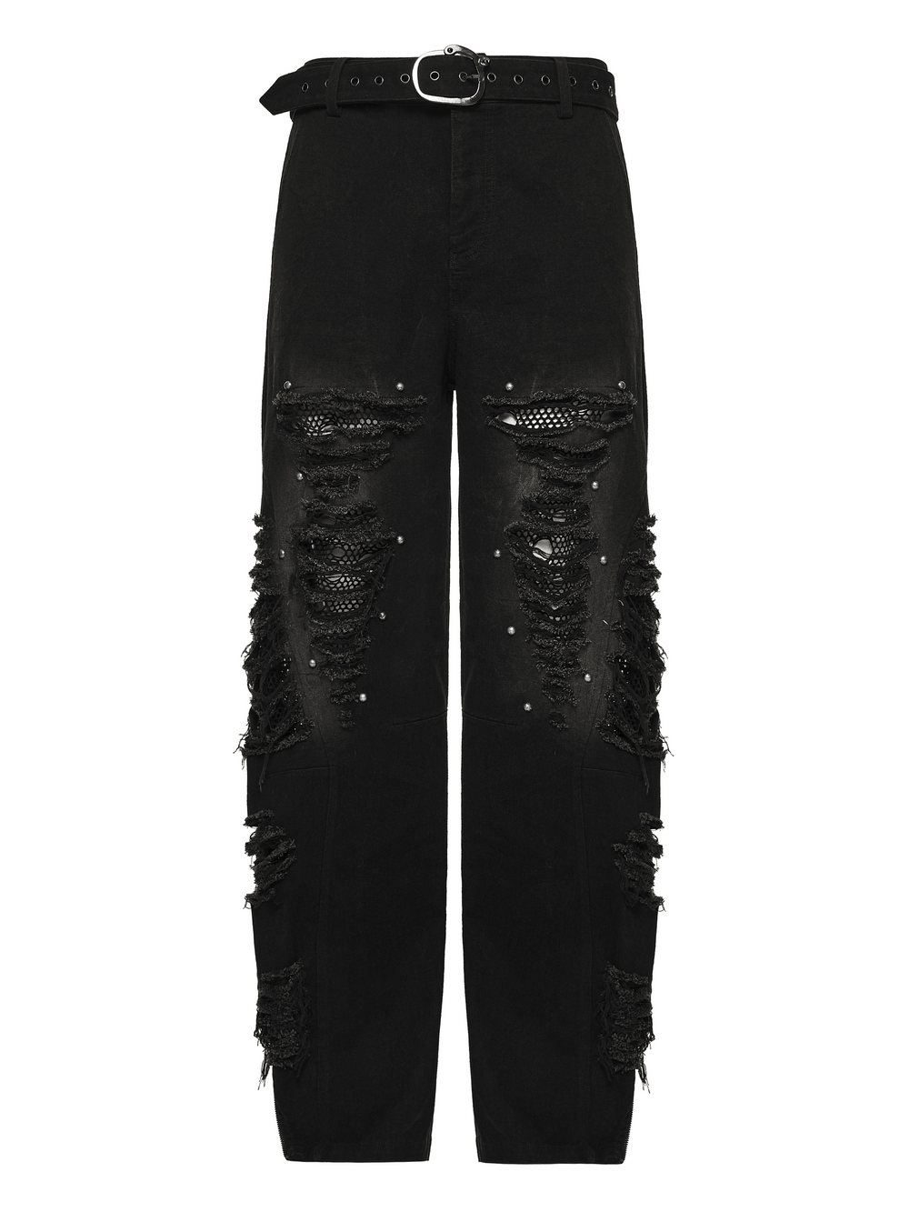 Male Bold Punk Distressed Denim Pants with Studded Rips featuring tattered design and mesh tears.