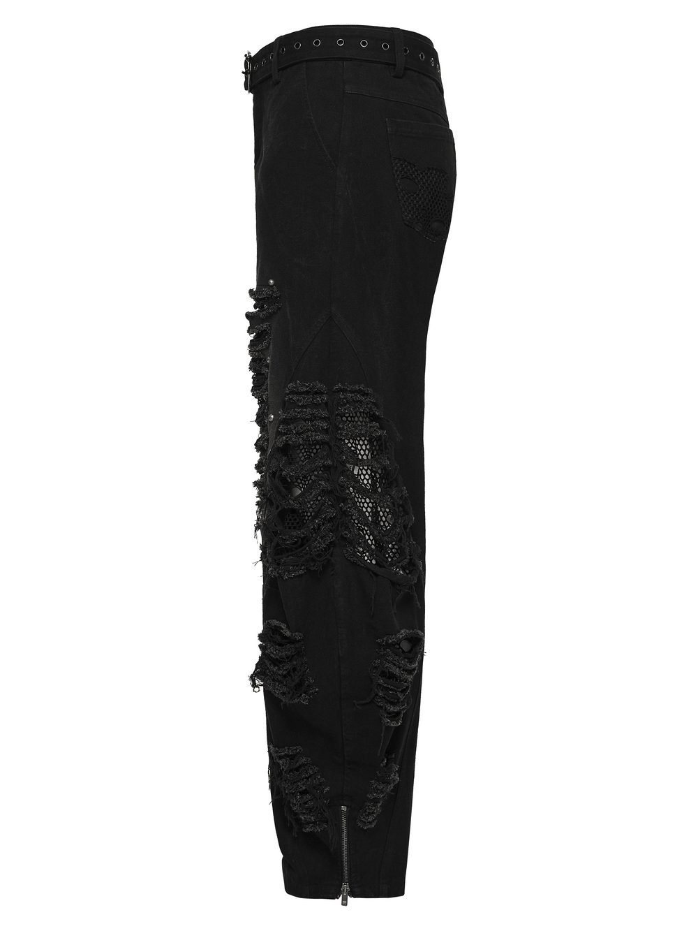 Male Bold Punk Distressed Denim Pants with Studded Rips showcasing side view and unique mesh tears.