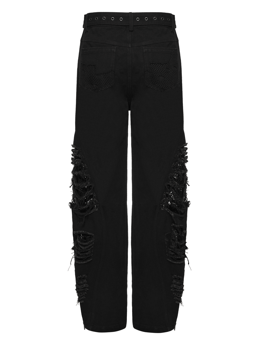 Male Bold Punk Distressed Denim Pants with Studded Rips, featuring mesh tears and stylish distressed details.
