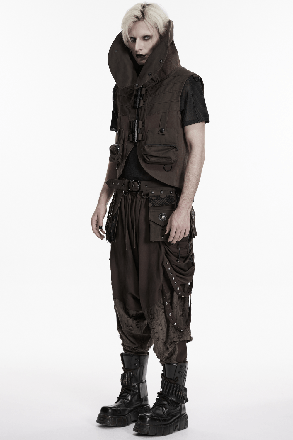 Male Brown Wasteland Drop Crotch Pants with Studs