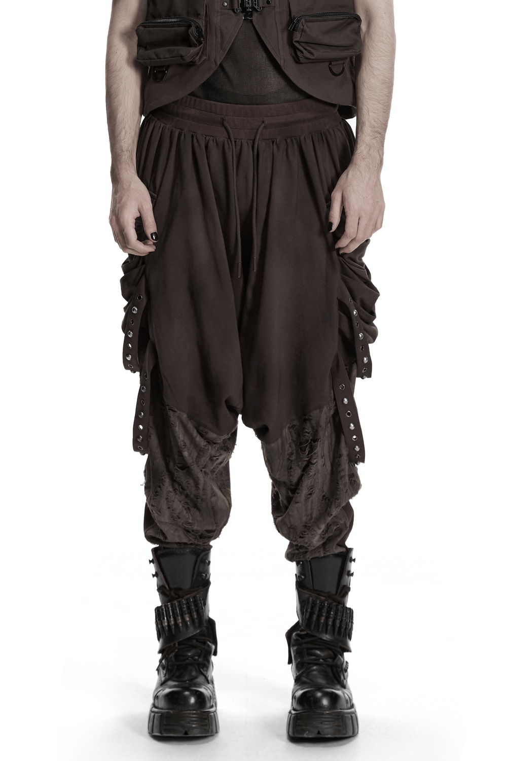 Male Brown Wasteland Drop Crotch Pants with Studs