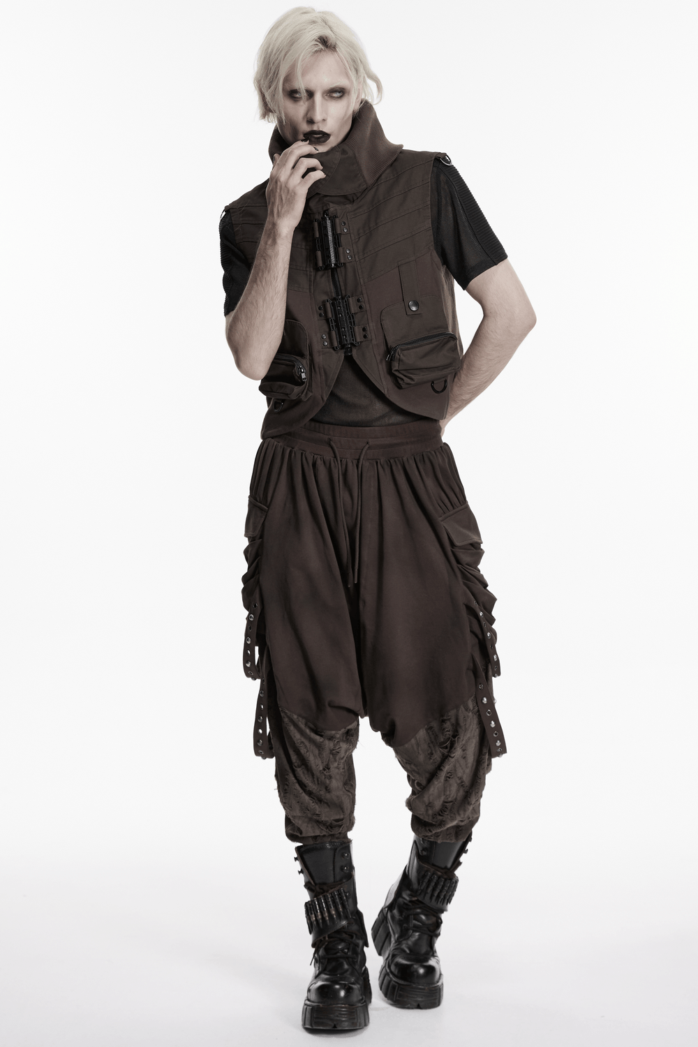 Male Brown Wasteland Drop Crotch Pants with Studs
