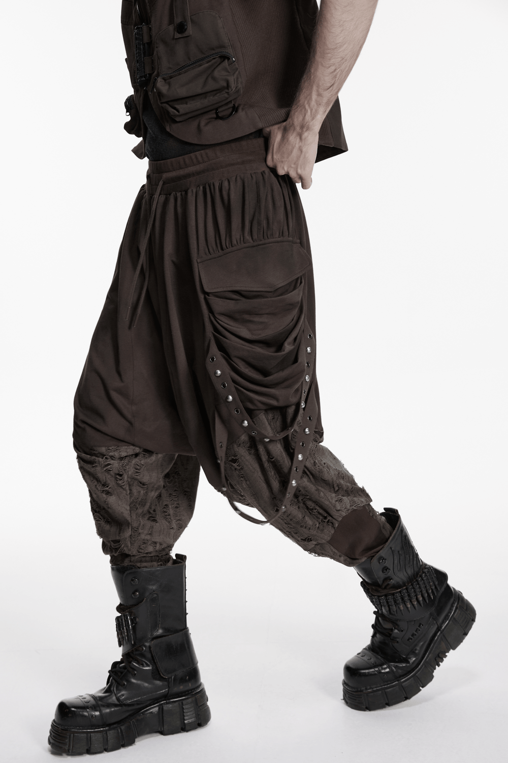 Male Brown Wasteland Drop Crotch Pants with Studs