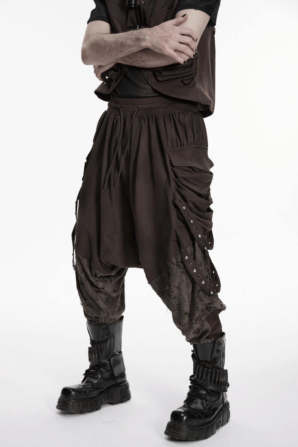 Male Brown Wasteland Drop Crotch Pants with Studs