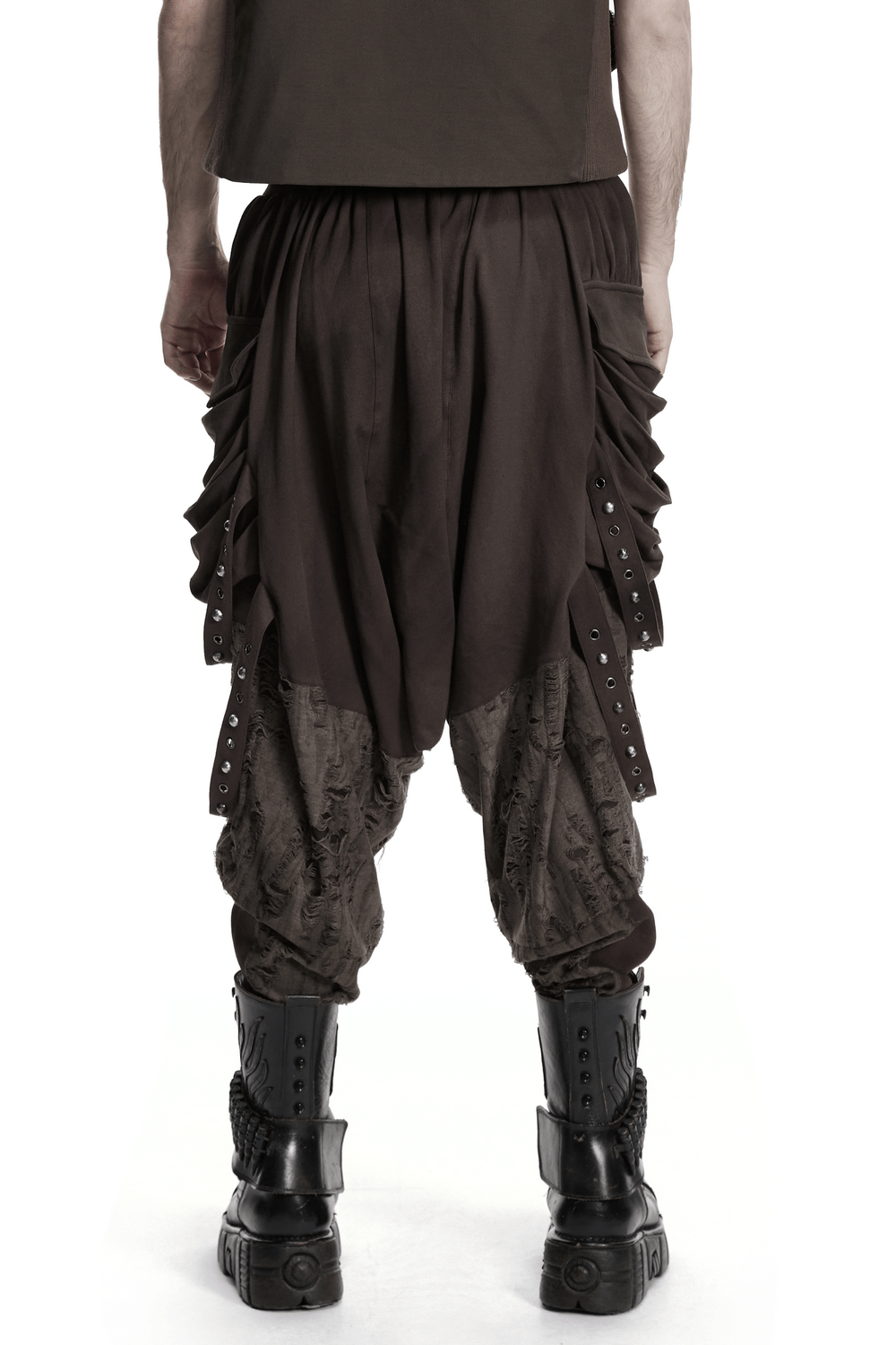 Male Brown Wasteland Drop Crotch Pants with Studs
