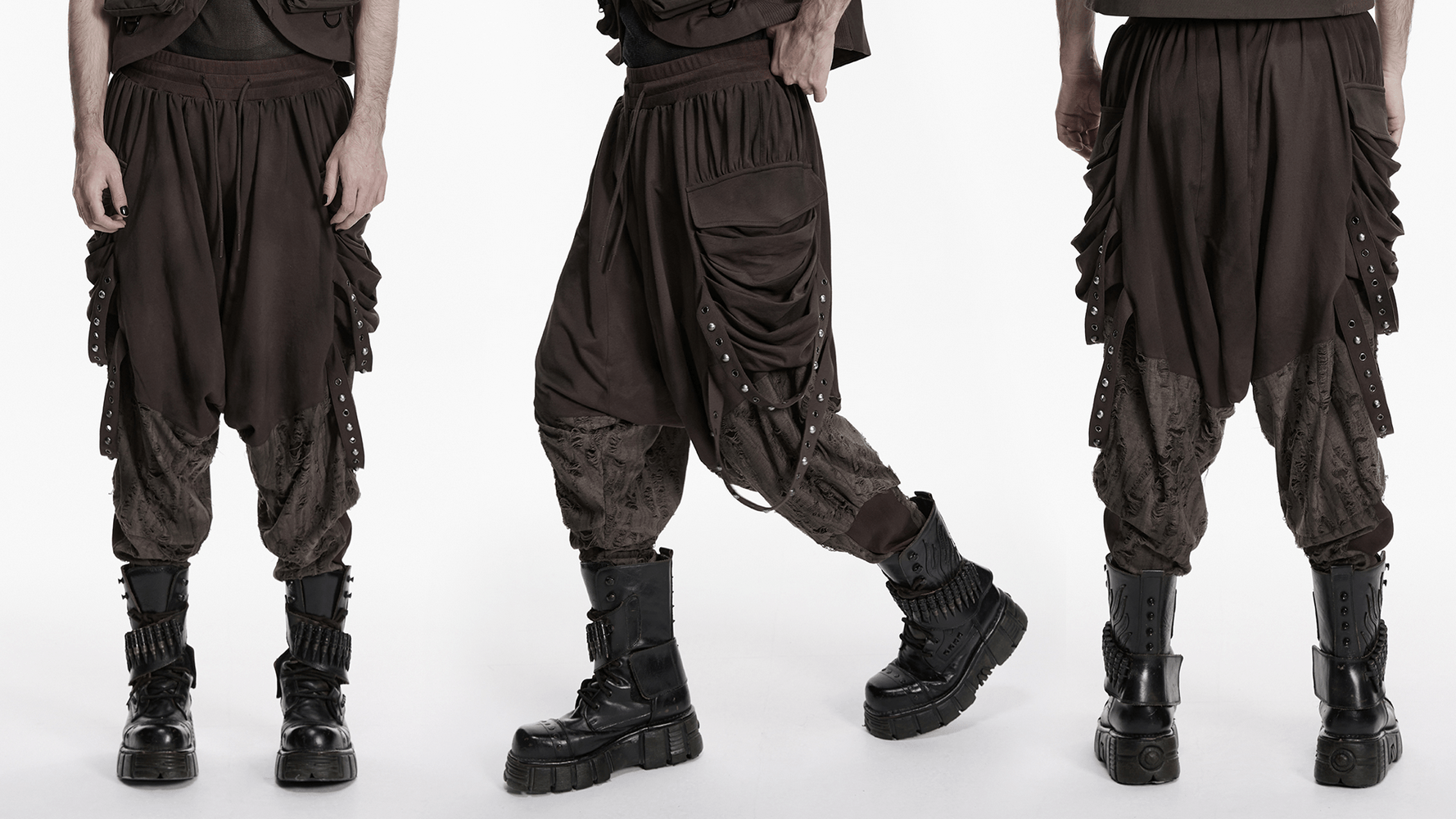 Male Brown Wasteland Drop Crotch Pants with Studs