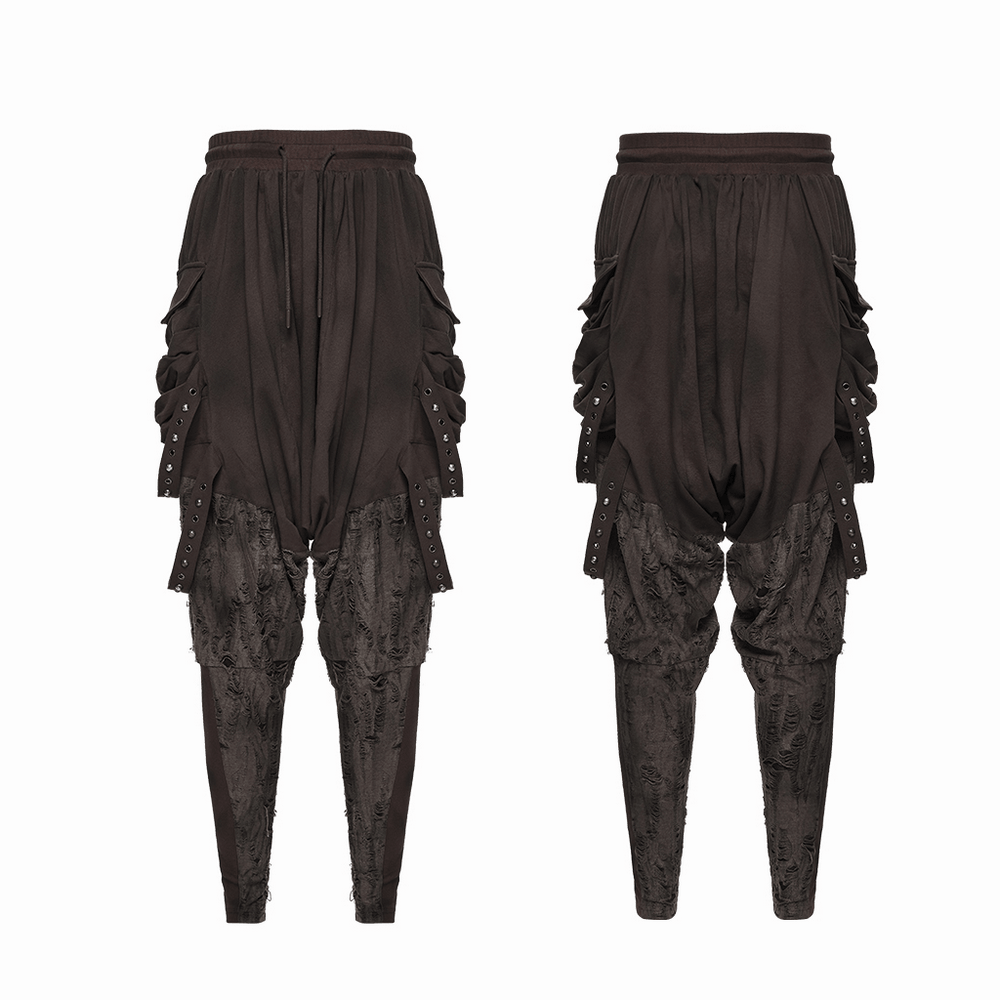 Male Brown Wasteland Drop Crotch Pants with Studs