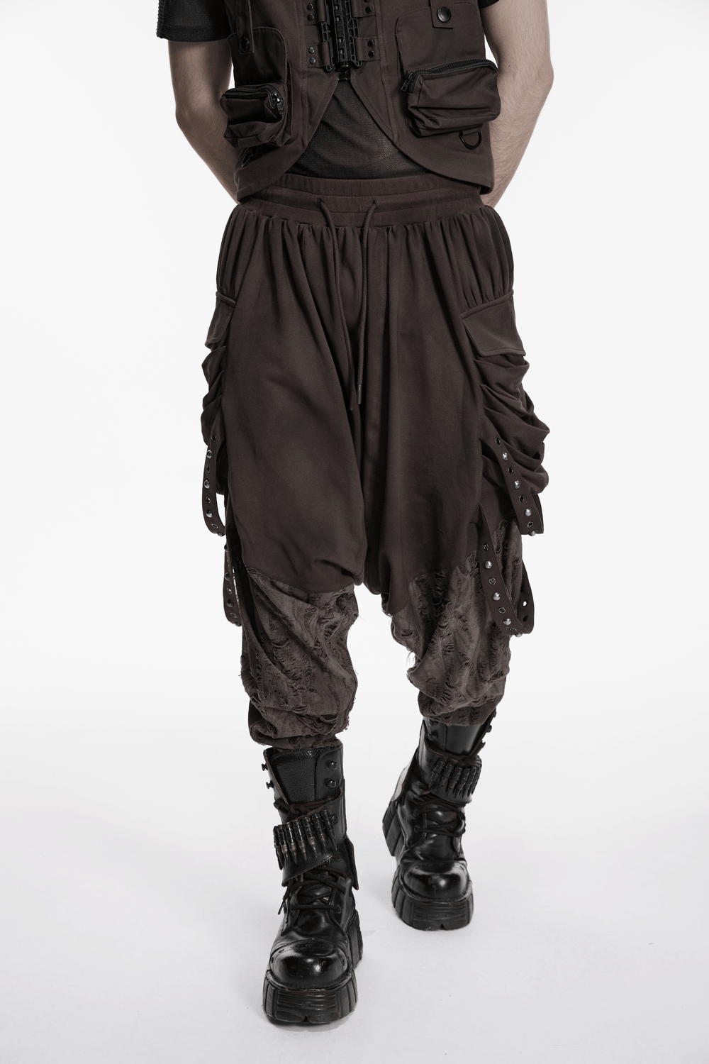 Male Brown Wasteland Drop Crotch Pants with Studs