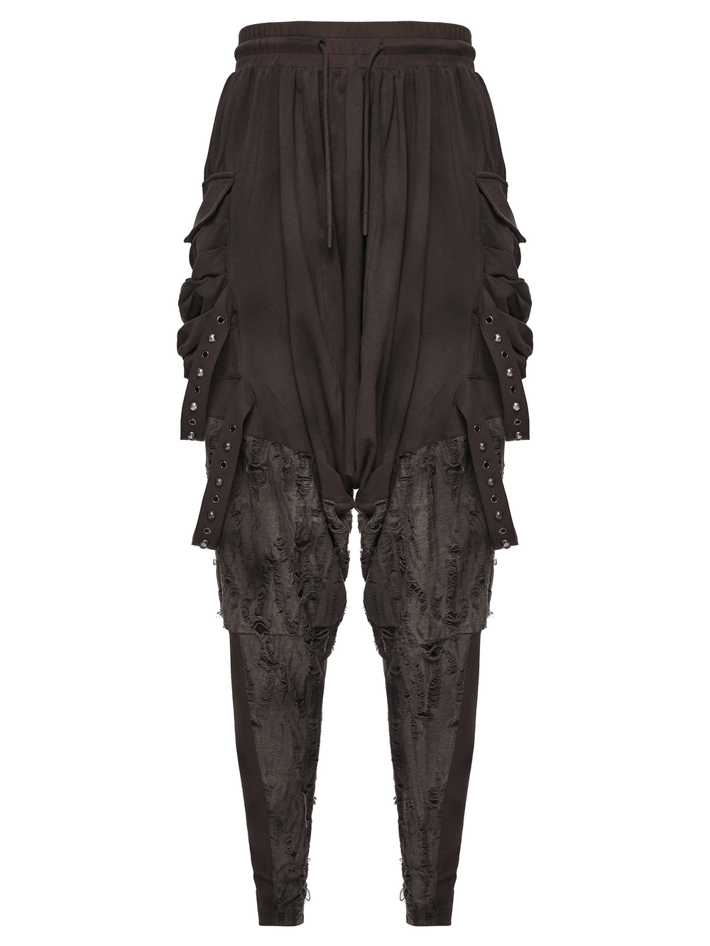 Male Brown Wasteland Drop Crotch Pants with Studs