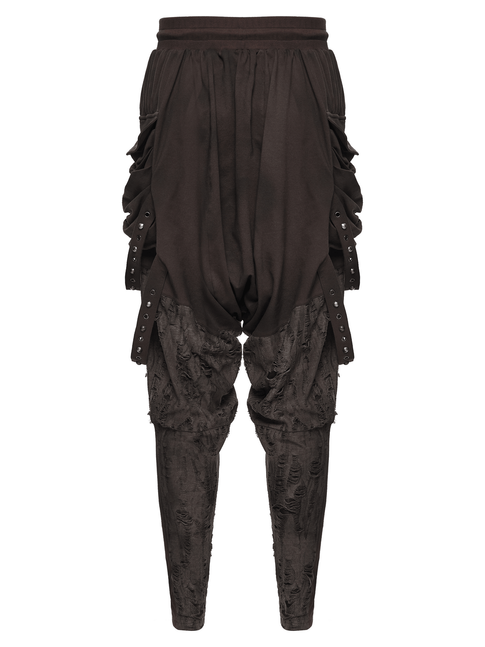 Male Brown Wasteland Drop Crotch Pants with Studs