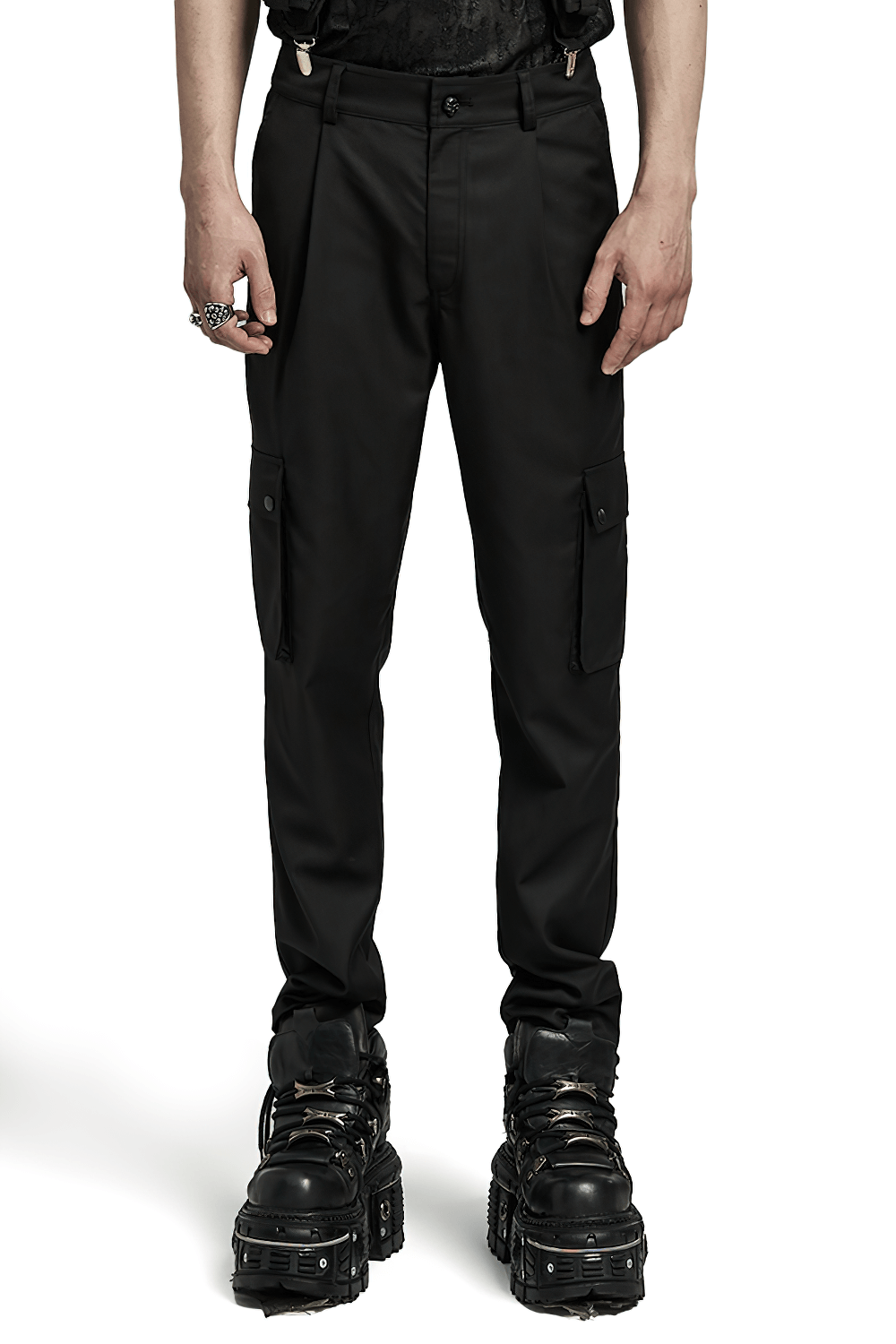 Male chic minimalist cargo trousers in black with side pockets, perfect for a stylish street look.