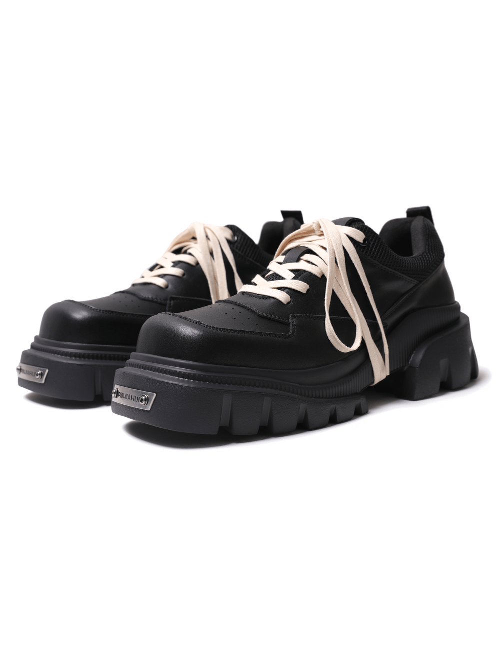 Male Chunky Lace-Up Shoes with Rugged Lug Soles black platform shoes with cream laces and metal toe plates