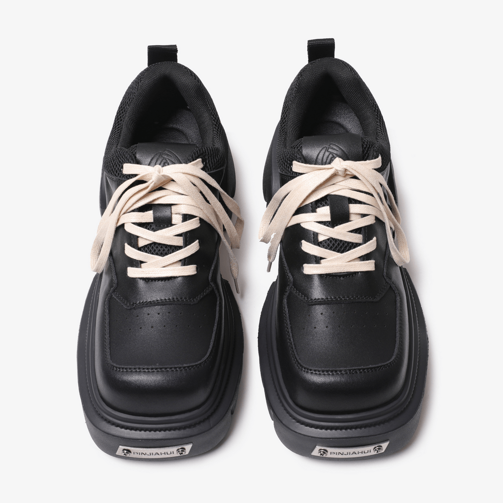 Male Chunky Lace-Up Shoes with Rugged Lug Soles, black chunky platform sneakers with cream laces and mesh details