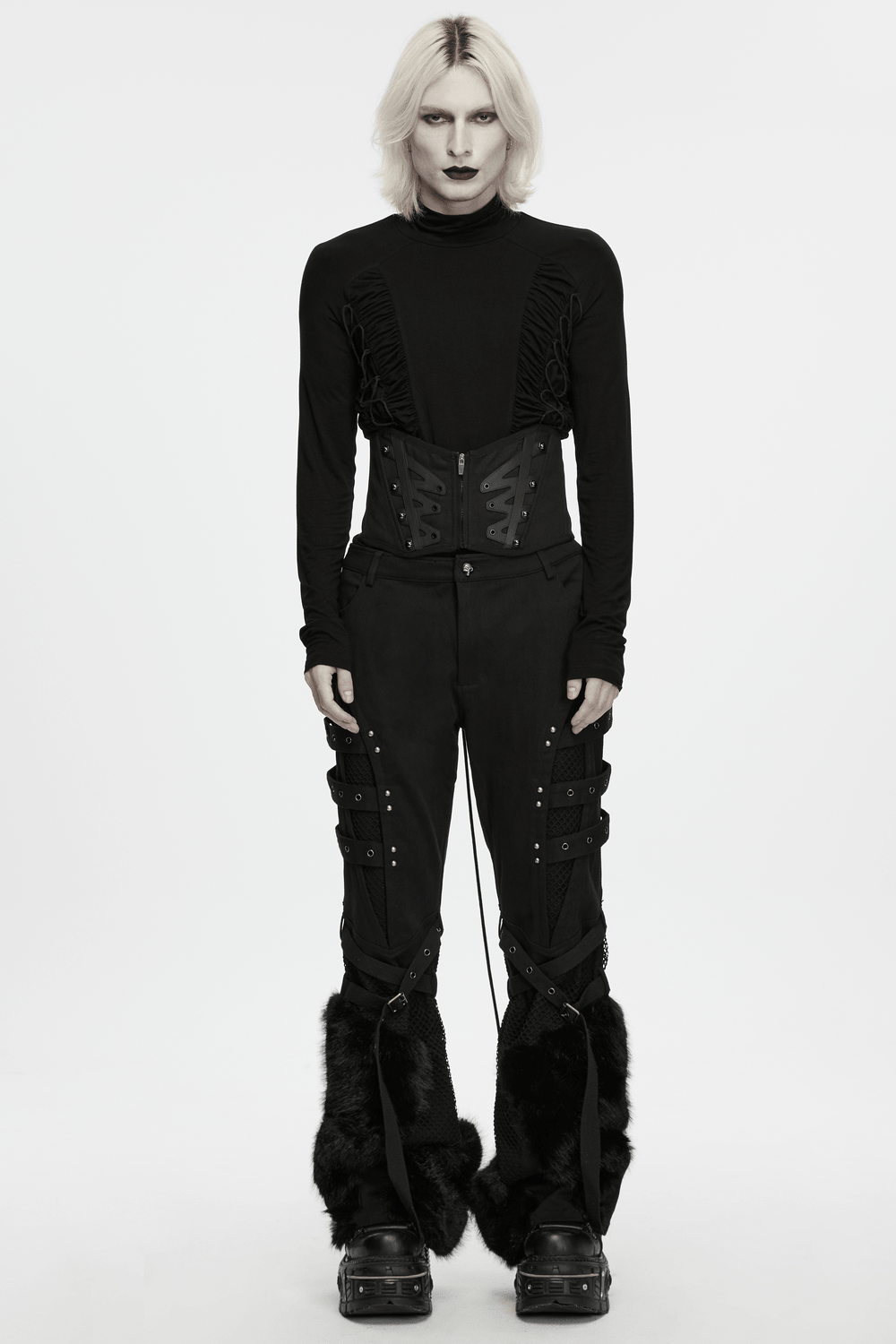 Male Corset Waist Belt with Studs and Back Lacing worn over a black gothic outfit