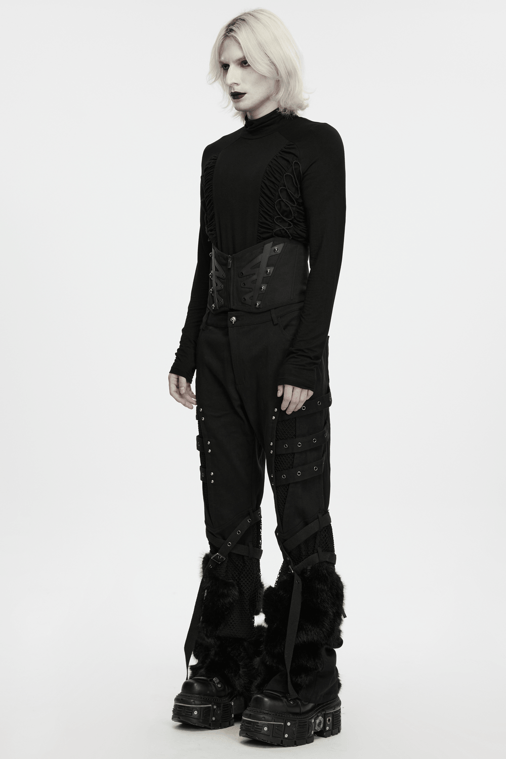 Male Corset Waist Belt with Studs and Back Lacing, edgy black fashion corset styling on a model