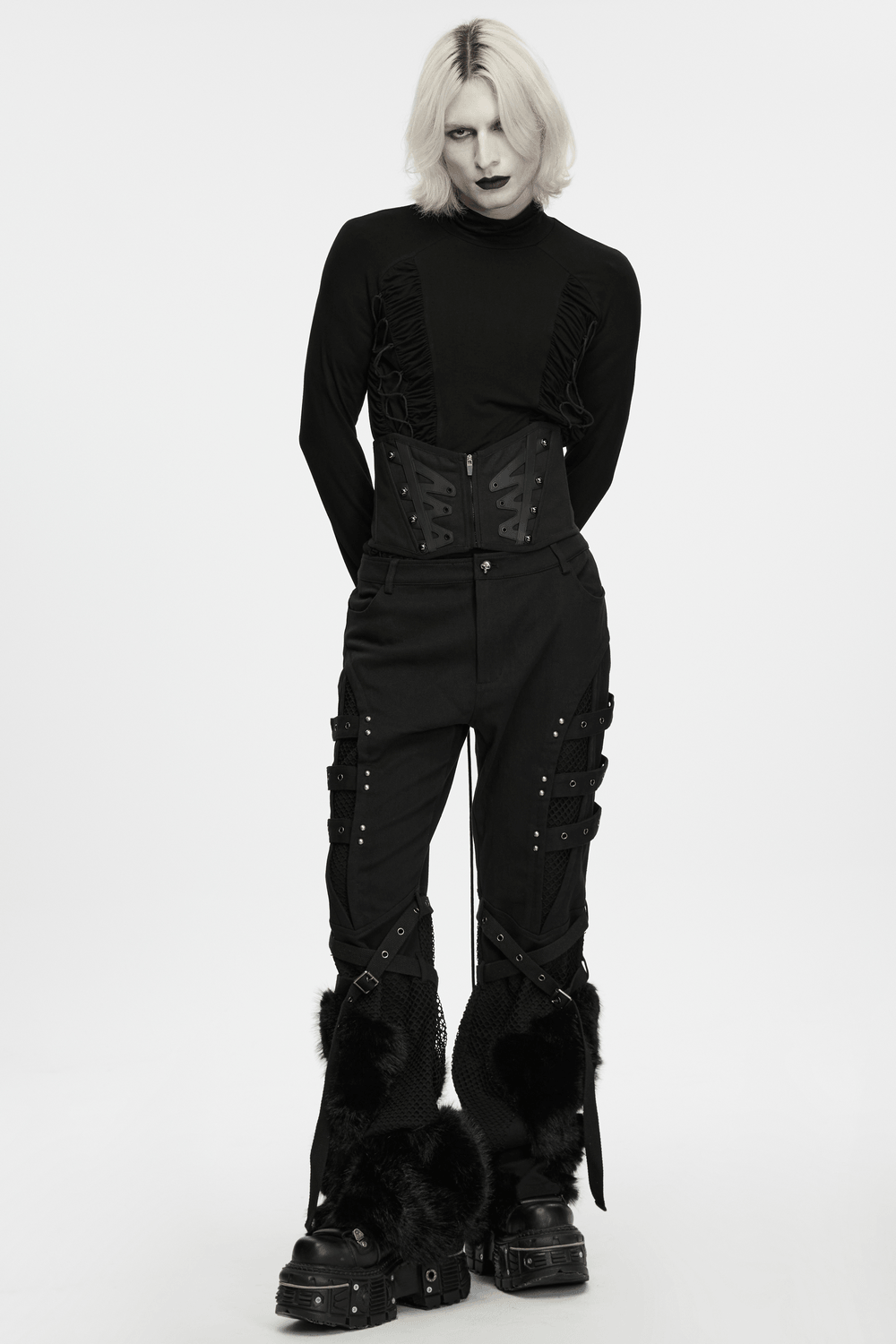Male Corset Waist Belt with Studs and Back Lacing, black gothic waist cincher worn with edgy fashion outfit