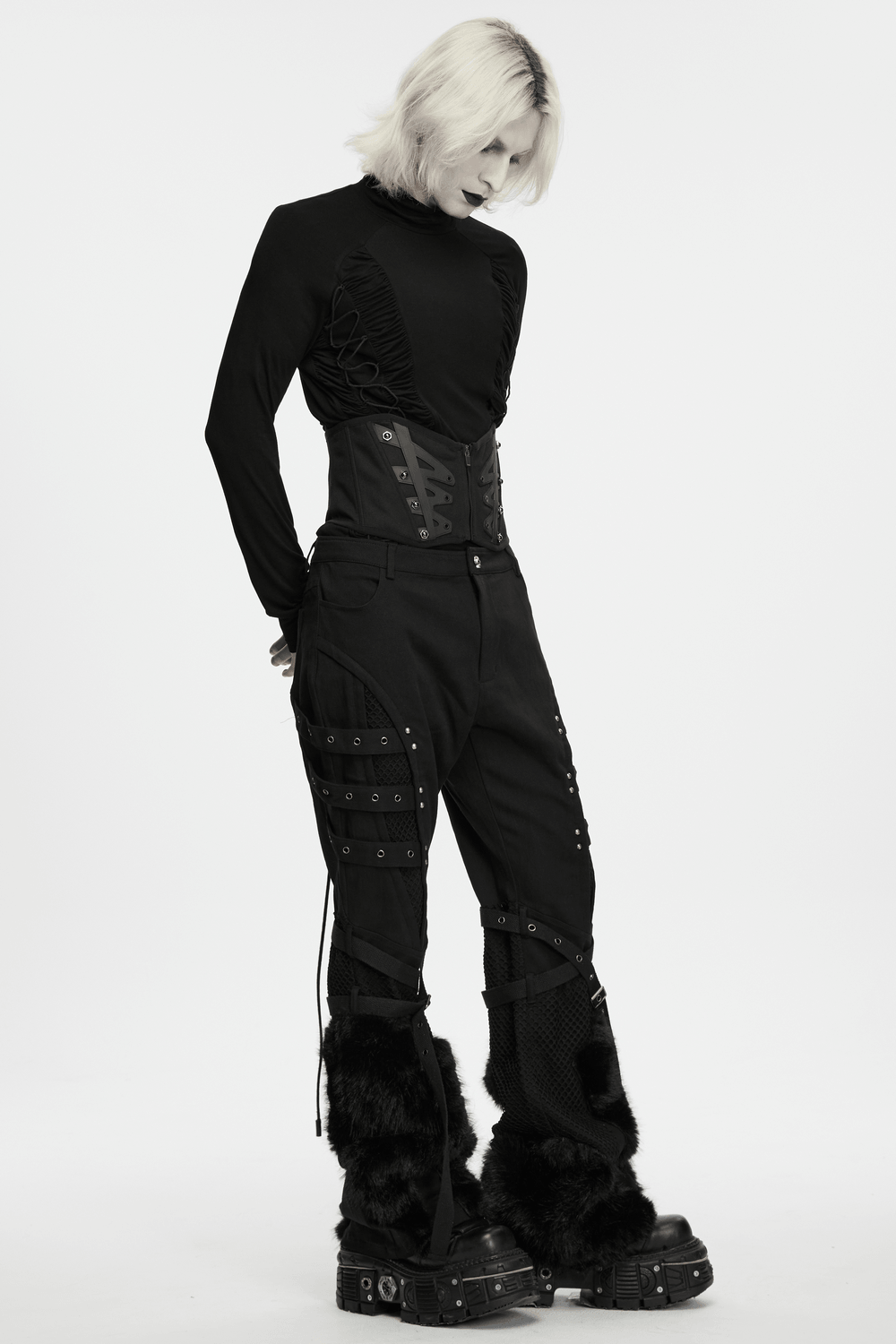 Male Corset Waist Belt with Studs and Back Lacing worn with black gothic outfit, edgy fashion look