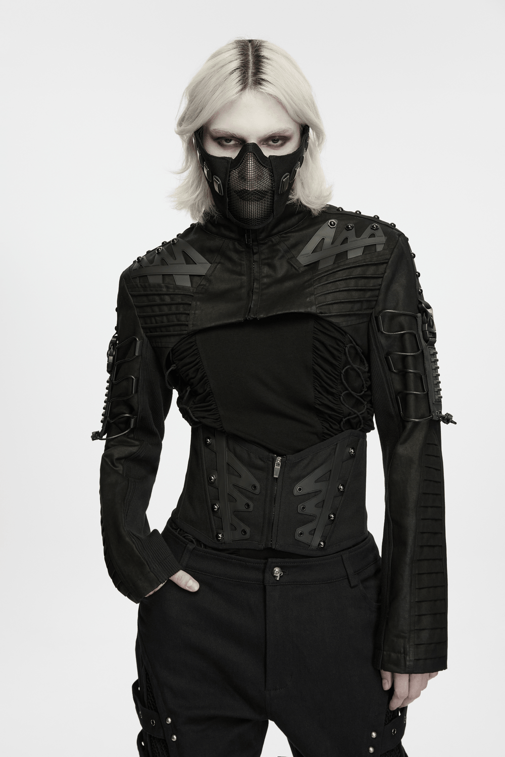 Male Corset Waist Belt with Studs and Back Lacing edgy black fashion corset on model