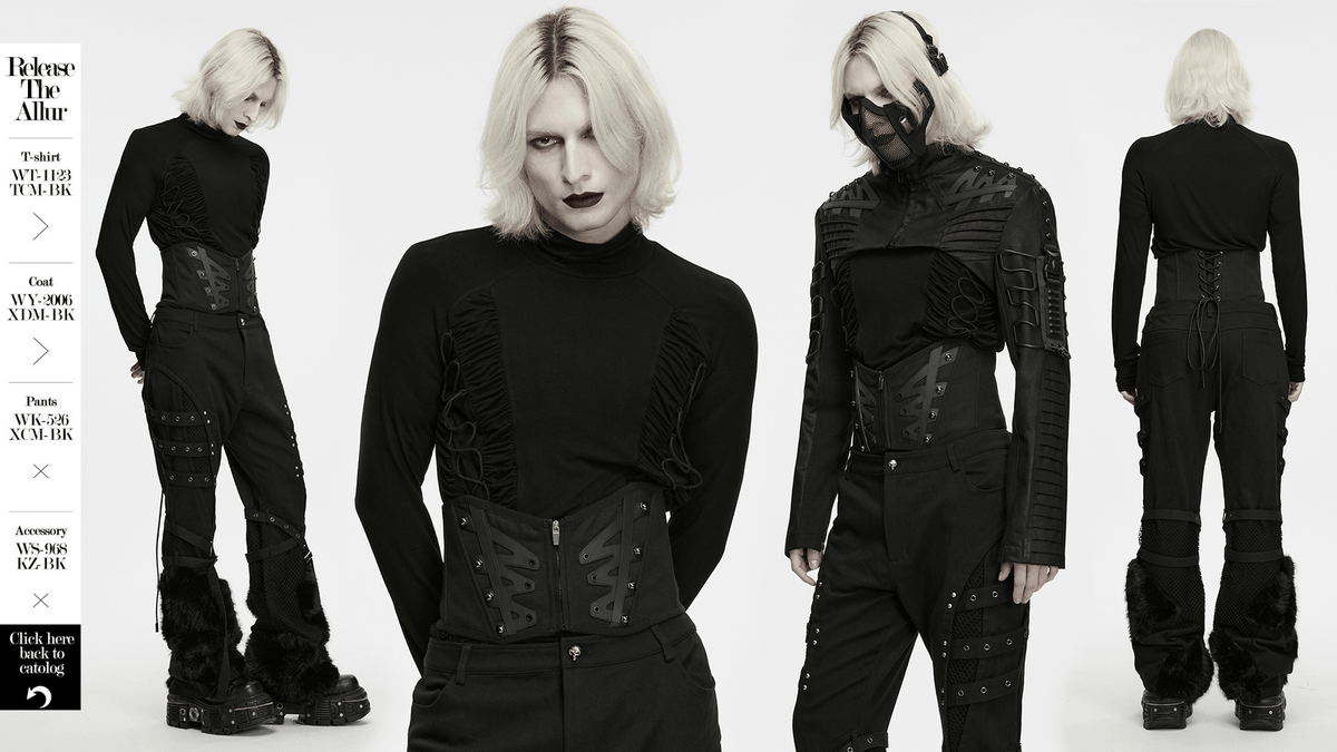 Male Corset Waist Belt with Studs and Back Lacing, black gothic waist cincher styled on model