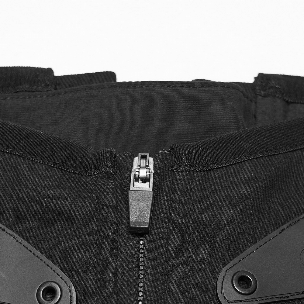 Male Corset Waist Belt with Studs and Back Lacing black corset belt close-up with zipper detail and structured panels