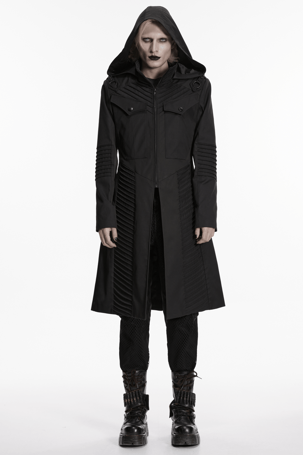 Male Cyberpunk Hooded Twill Long Coat with Patch Pockets