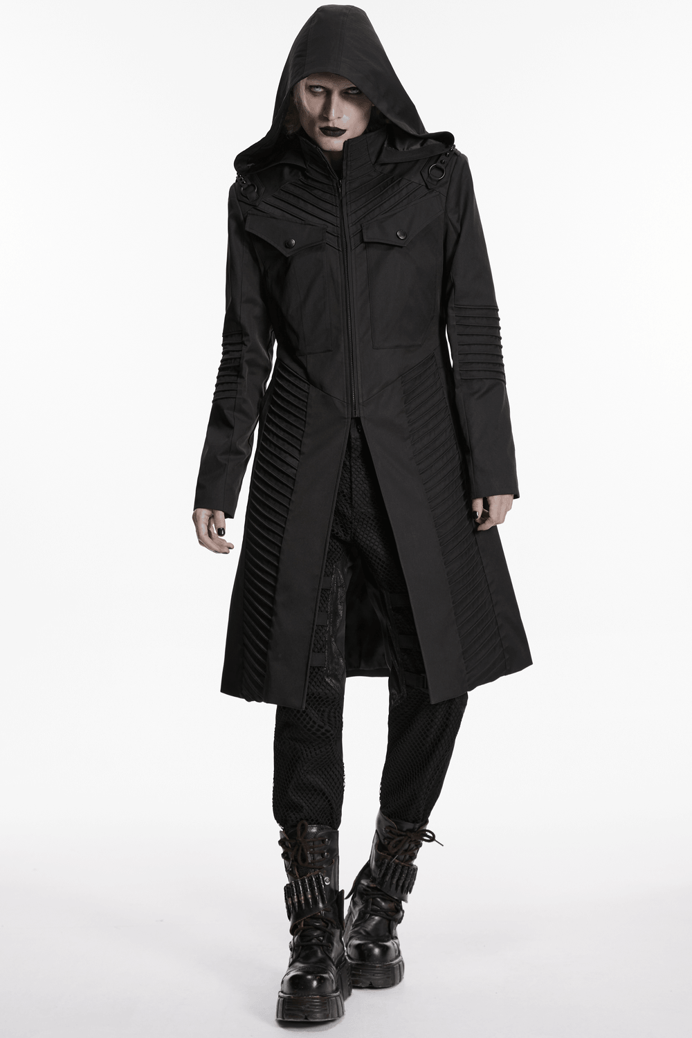 Male Cyberpunk Hooded Twill Long Coat with Patch Pockets