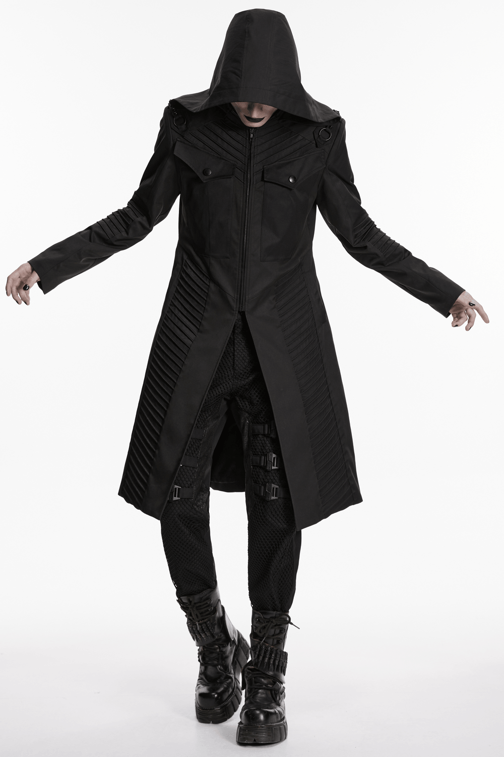 Male Cyberpunk Hooded Twill Long Coat with Patch Pockets
