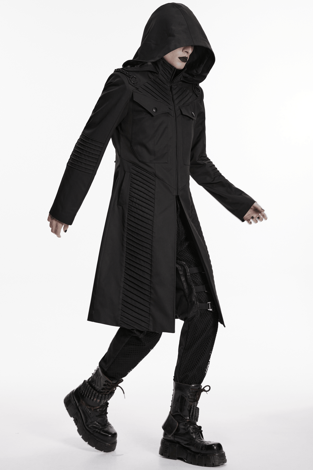 Male Cyberpunk Hooded Twill Long Coat with Patch Pockets