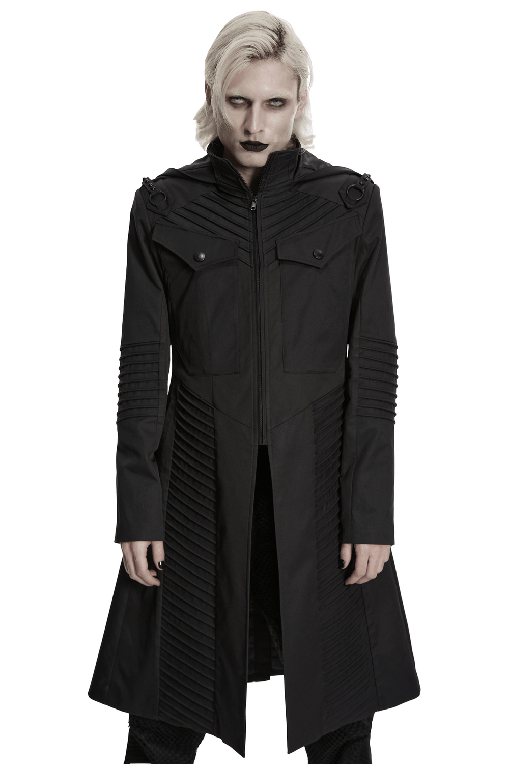 Male Cyberpunk Hooded Twill Long Coat with Patch Pockets
