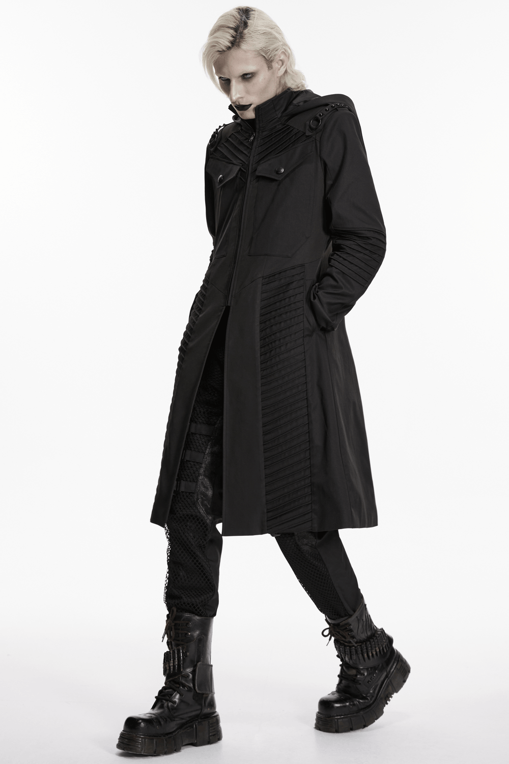 Male Cyberpunk Hooded Twill Long Coat with Patch Pockets