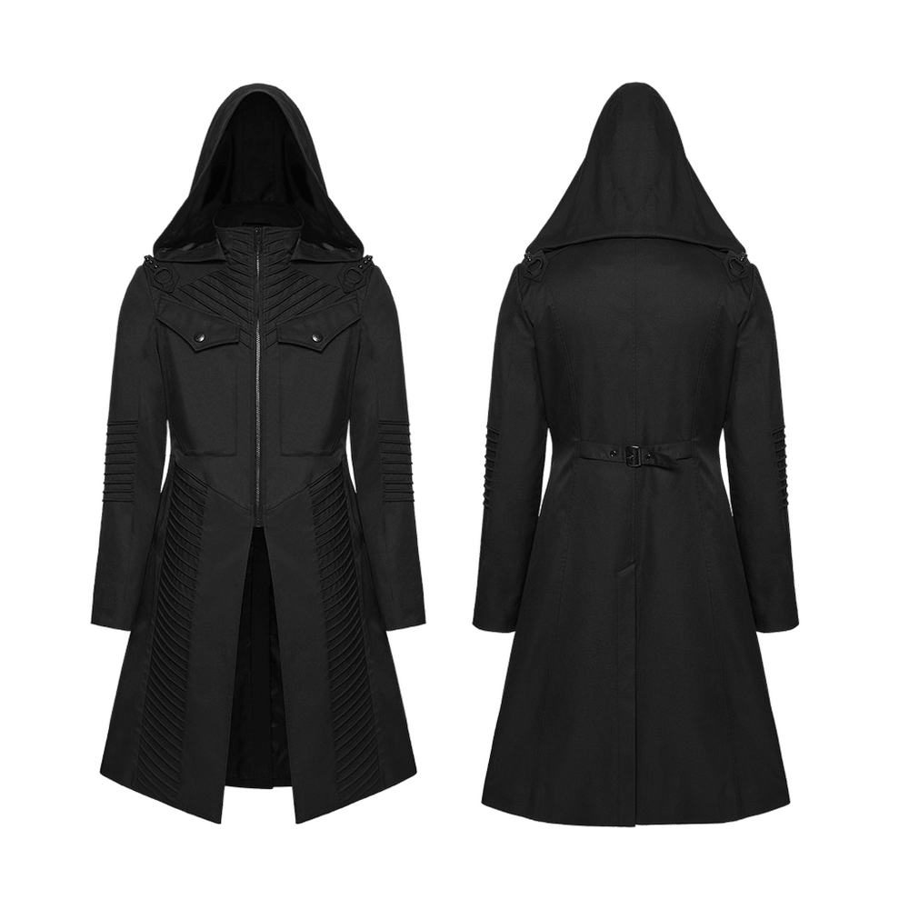 Male Cyberpunk Hooded Twill Long Coat with Patch Pockets