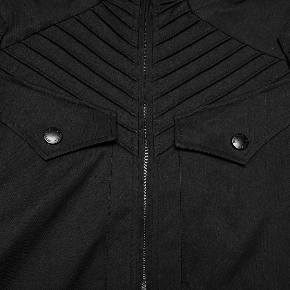 Male Cyberpunk Hooded Twill Long Coat with Patch Pockets