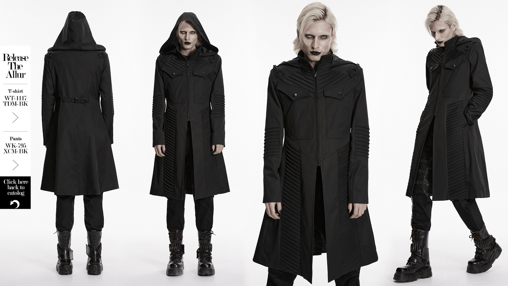 Male Cyberpunk Hooded Twill Long Coat with Patch Pockets