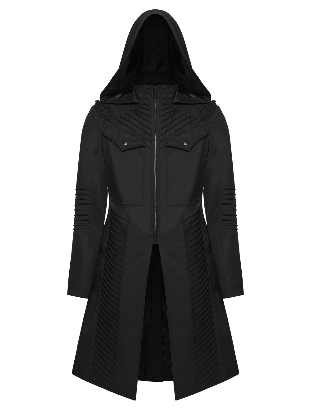 Male Cyberpunk Hooded Twill Long Coat with Patch Pockets