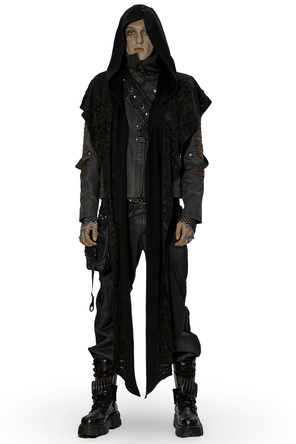 Edgy male model wearing a dark distressed knit hooded cape and matching outfit for a post-apocalyptic style.