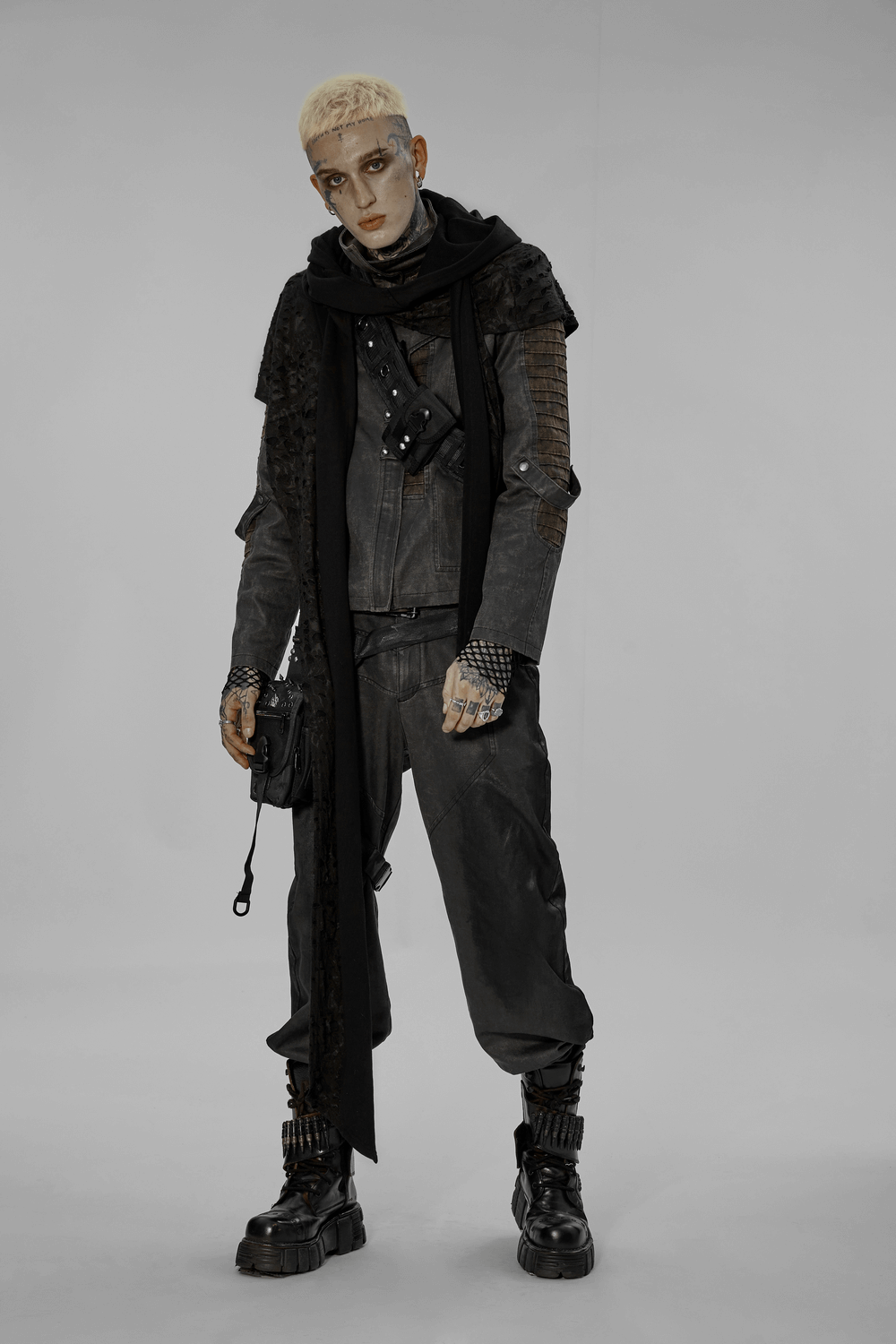 Male Deconstructed Knit Hooded Cape with Long Scarf